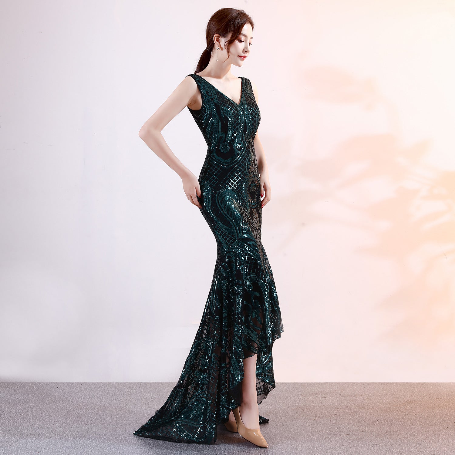 Sequined Embroidery V neck Dress