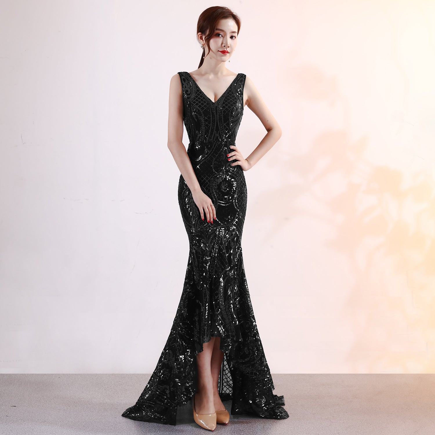 Sequined Embroidery V neck Dress