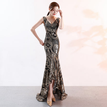 Sequined Embroidery V neck Dress