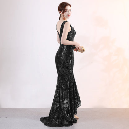 Sequined Embroidery V neck Dress