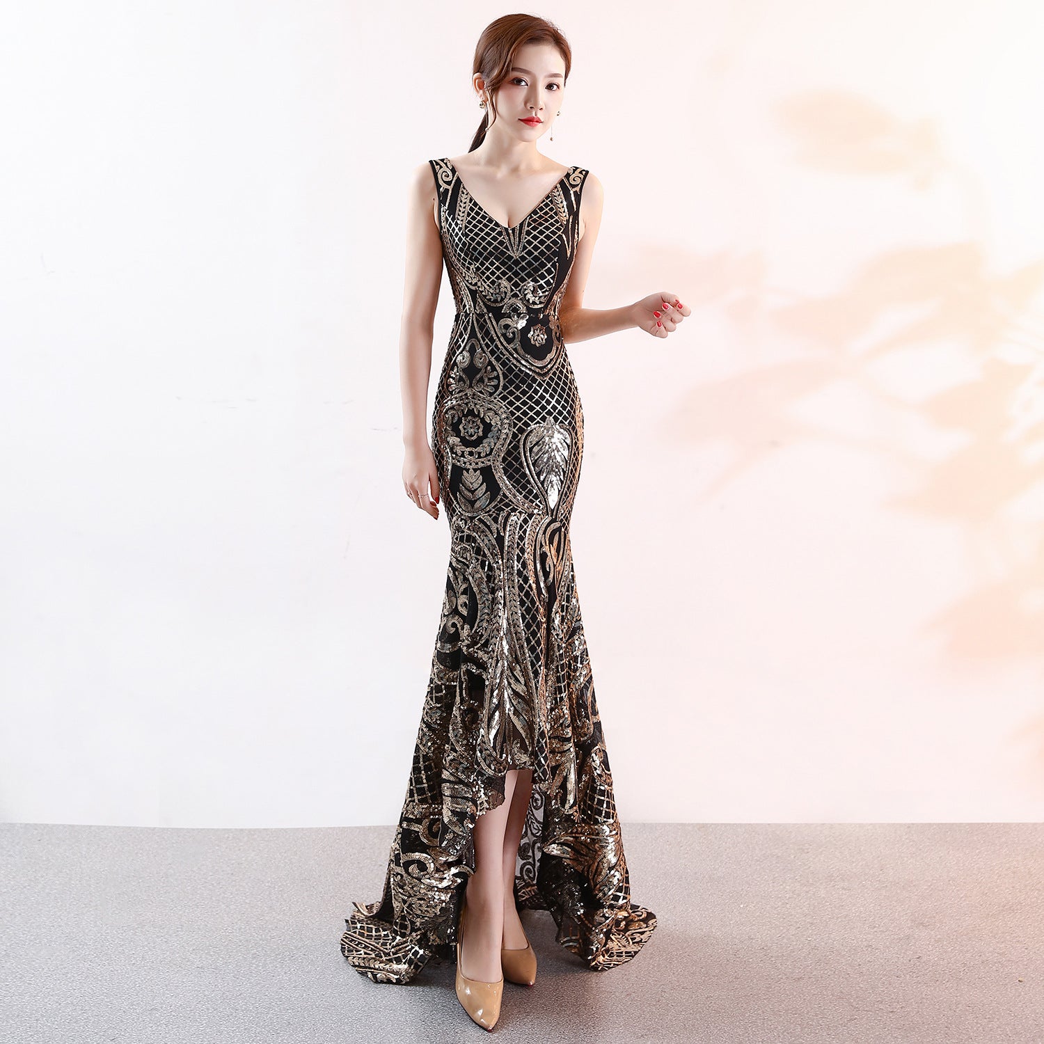 Sequined Embroidery V neck Dress