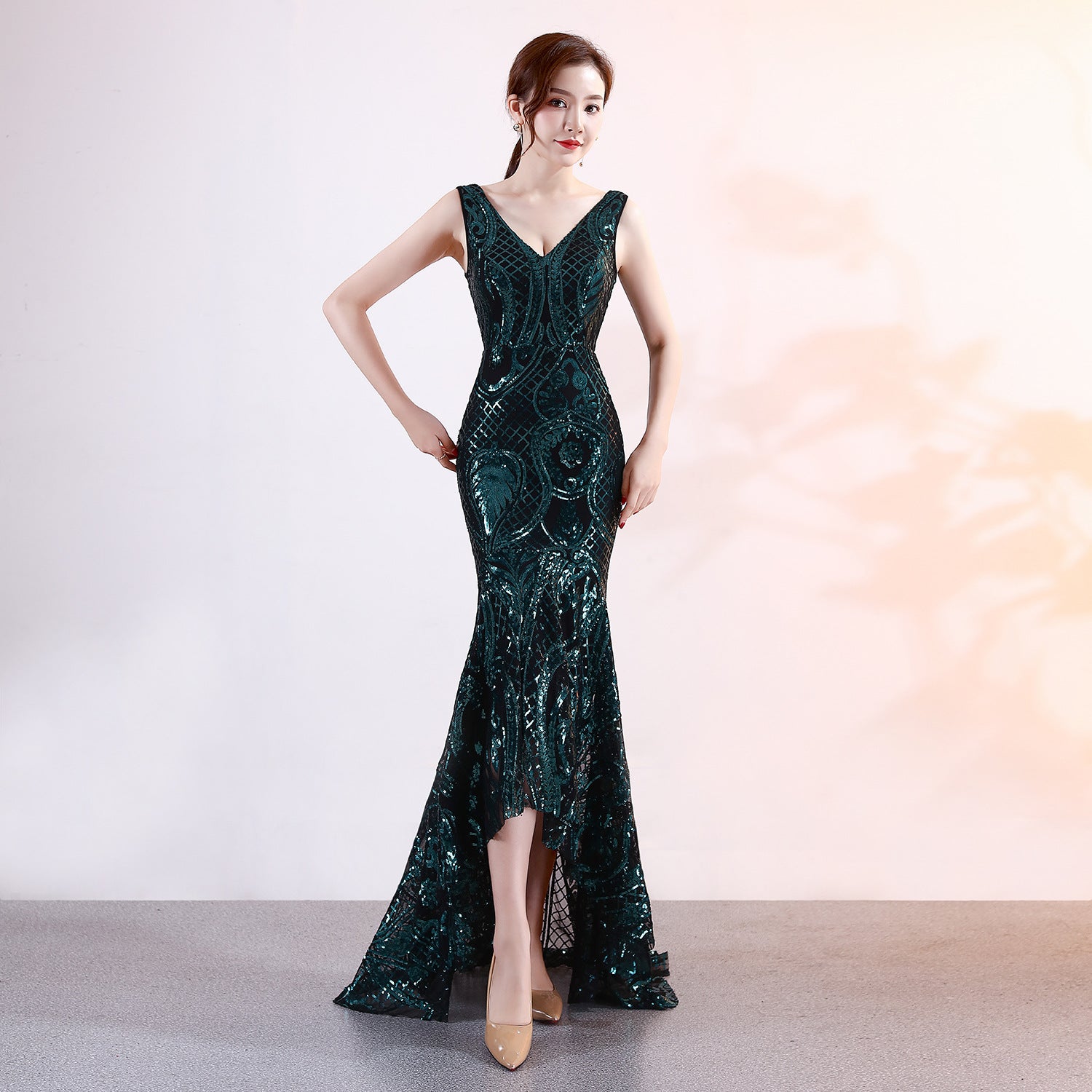 Sequined Embroidery V neck Dress