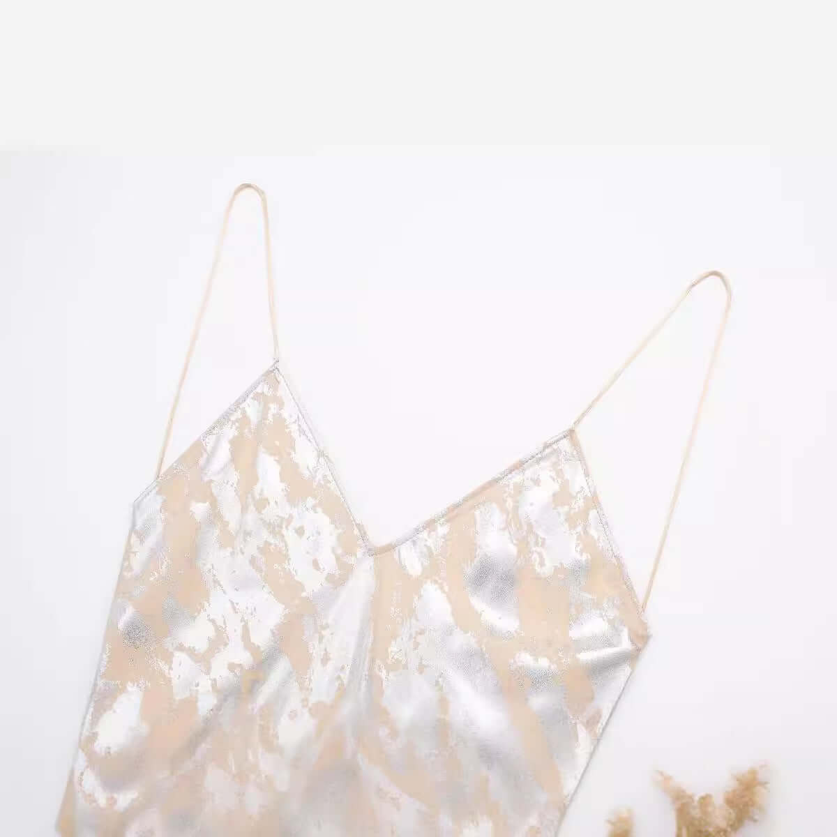 Foil Luxe Dress Foil Luxe Dress with thin straps and a blend of silver and beige colors