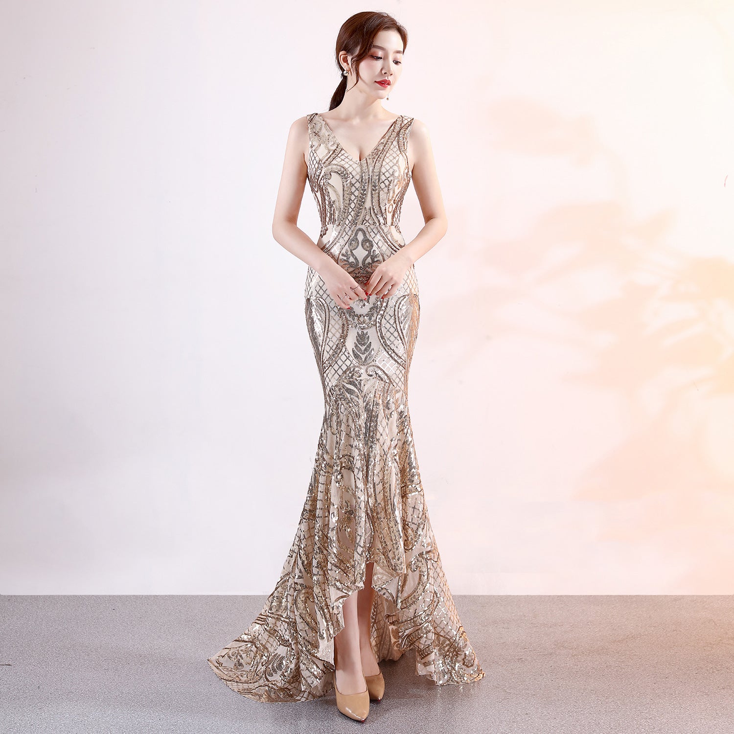 Sequined Embroidery V neck Dress